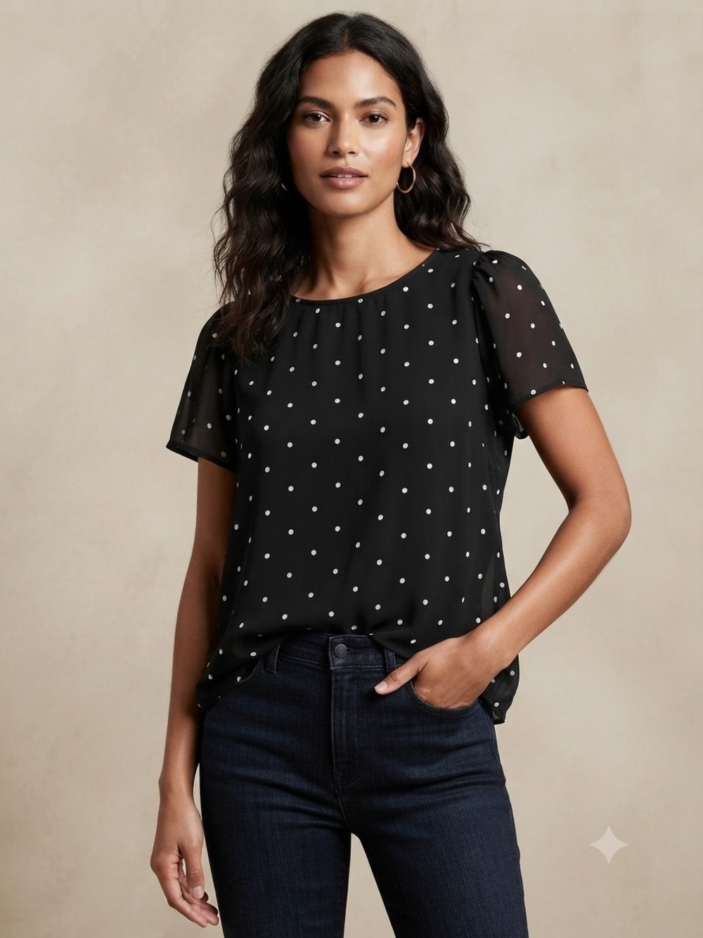 CeCe Black Blouse with White Polka Dots